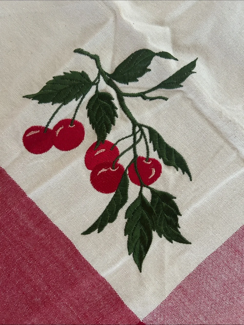 April Cornell Vintage Red and Cream Linen Tablecloth with Embroidered Cherries